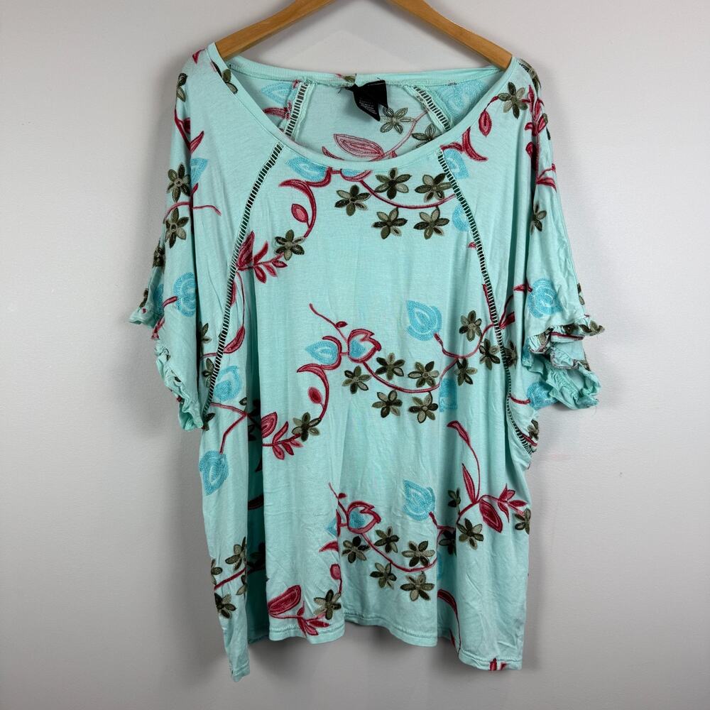 LIV Los Angeles Top Women 3X Blue Stretch Floral Embroidered Short Sleeve Blouse